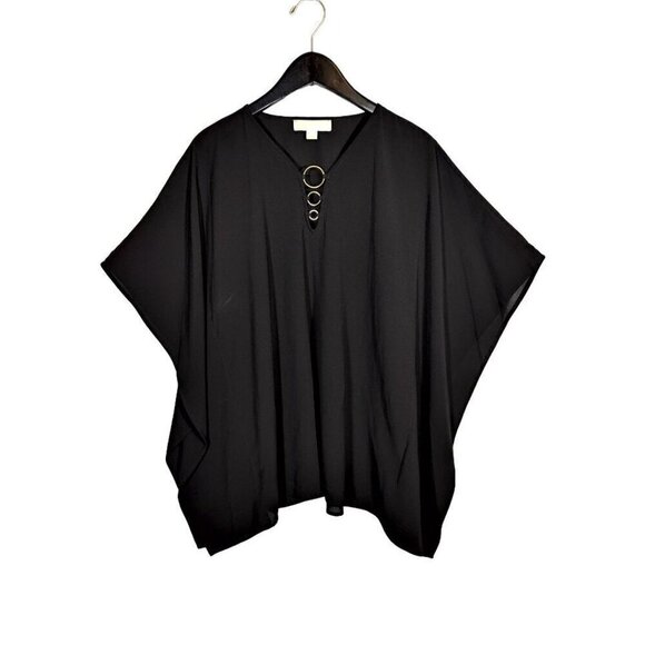 Michael Kors Black O-Ring Poncho Top Blouse Crepe Slinky Lagenlook Sz S/M Loose - Picture 1 of 8